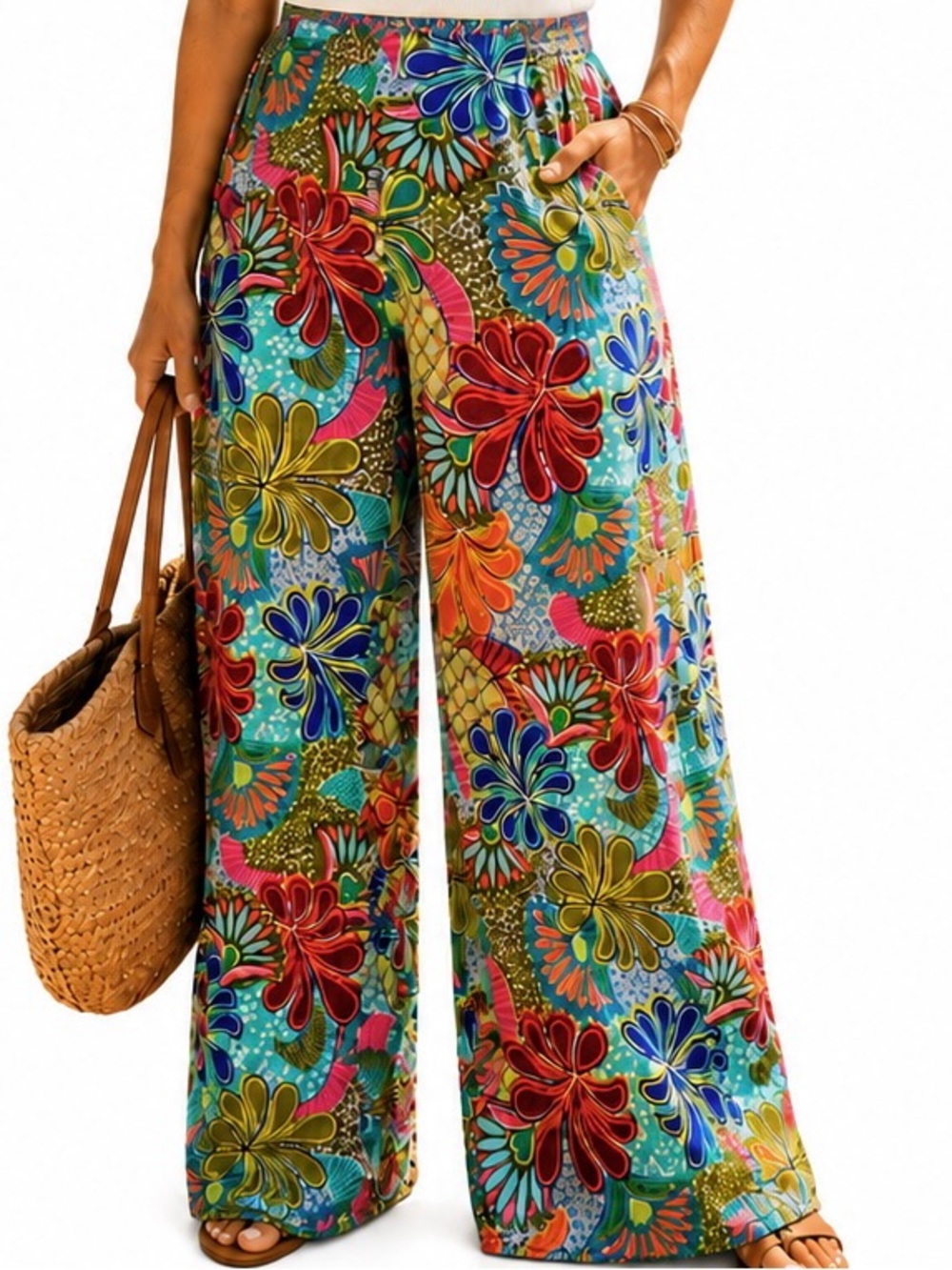 Trina Turk Multicolor Tropical Floral Wide-Leg Palazzo Zanzibar Resort Pants sun
